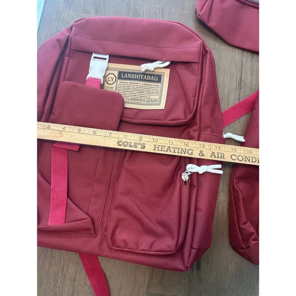 Lanshiyabag 5pc Backpack Set Maroon Burgundy School Travel Messenger Bag Pouch